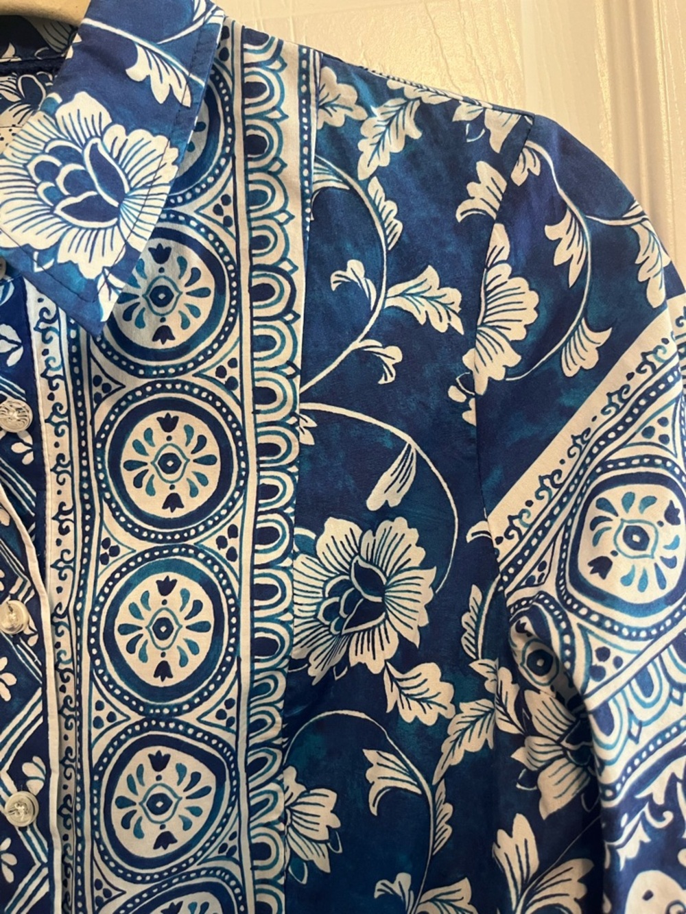Anthro Blue White Tile Print Shirt Dress XS Button Down Coastal Preppy Chic - Picture 9 of 12